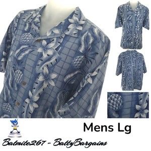 Tommy Bahama Mens L Hawaiian 100% Silk Shirt S/S Blue Floral Button Up Lg